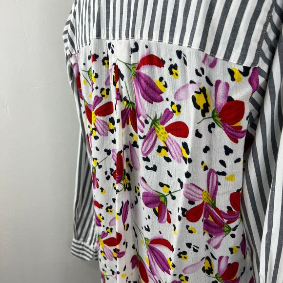 TOLANI Gray White Stripe Button-Up Tunic Top Multicolor Floral Long Sleeve XXS - Picture 6 of 9